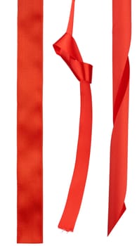 different ends of red silk ribbon isolated on white background, element for designer