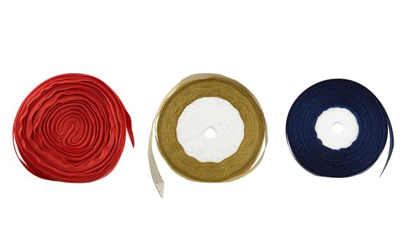 round bobbins with red, blue, golden ribbon on a white background, coils isolated