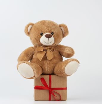 cute little brown teddy bear holds a brown box with a red ribbon on a white background