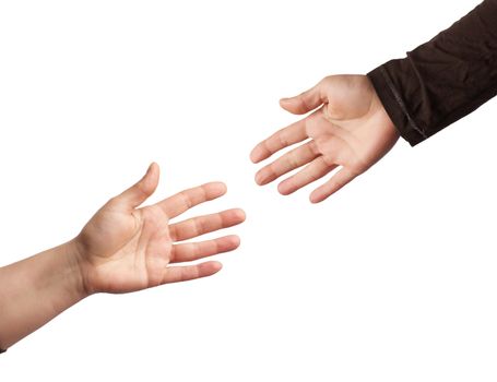 two hands reaching out to each other isolated on a white background, concept of help, friendship