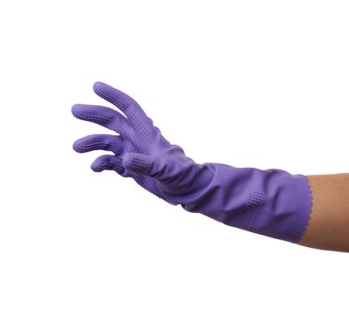 purple rubber glove for cleaning is dressed on his hand, his palm is open and conditionally holds an object