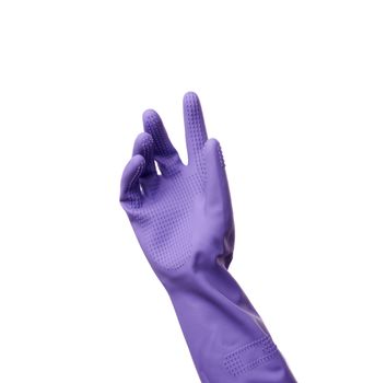 purple rubber glove for cleaning is dressed on his hand, his palm is open and conditionally holds an object