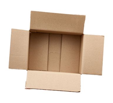 open empty brown rectangular cardboard box for transporting goods isolated on white background. Packaging design.