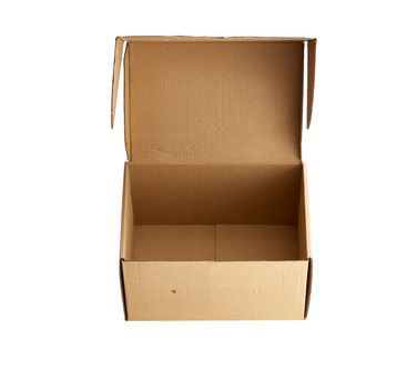 open brown rectangular cardboard box for transporting goods isolated on white background. Packaging design