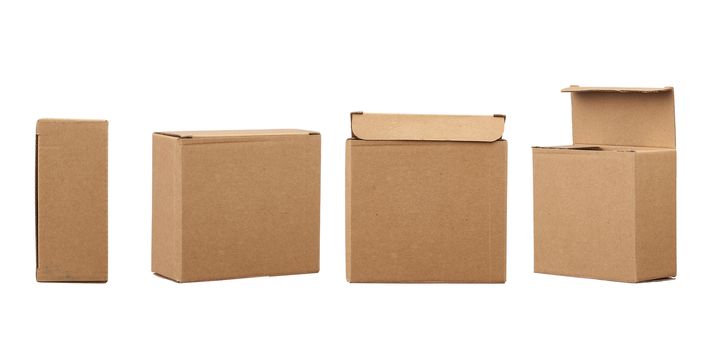 closed and open  brown square cardboard box for transporting goods isolated on white background. Packaging design, set