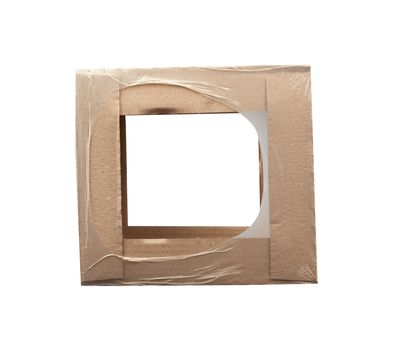 rectangular box wrapped in transparent polyethylene, box for transporting bottles, side view, hole on the side