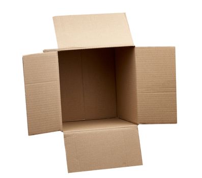 open empty brown square cardboard box for transporting goods isolated on white background, top view