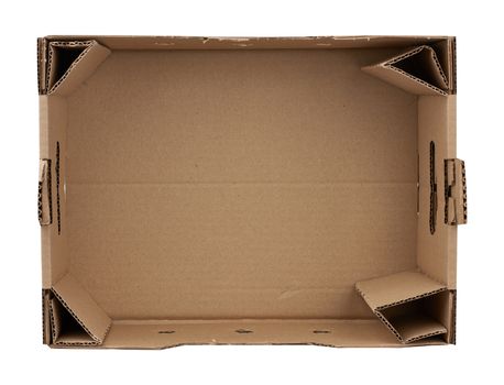 rectangular empty cardboard box of brown paper on a white background, box without a lid for vegetables and fruits in with holes