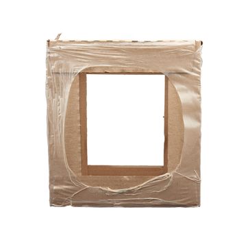 rectangular box wrapped in transparent polyethylene, box for transporting bottles, side view, hole on the side