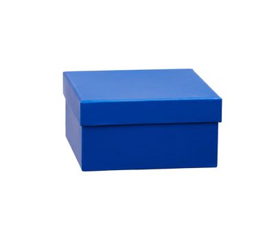 closed blue cardboard square box, gift for the holiday is isolated on a white background
