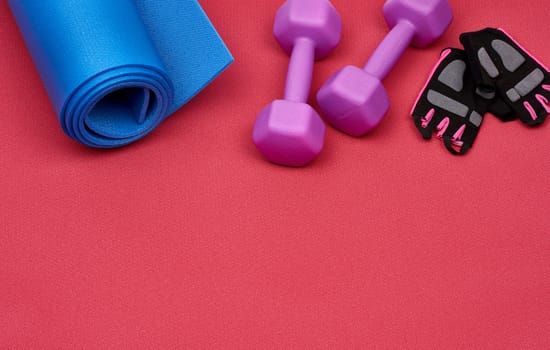 pair of purple plastic dumbbell, gloves and a blue sports mat on a red background, top view, place for an inscription