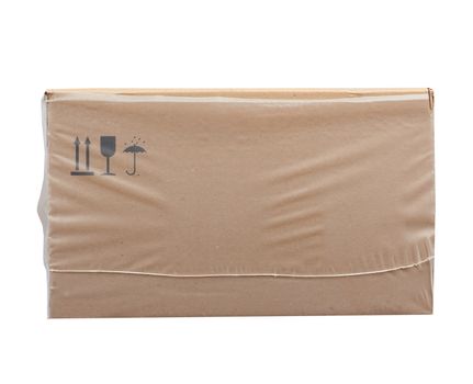 rectangular box wrapped in transparent polyethylene, box for transporting bottles, side view