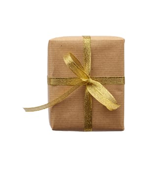 rectangular box wrapped in brown kraft paper and tied with a blue ribbon, gift isolated on a white background, element for a designer