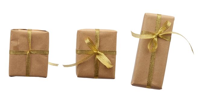  box wrapped in brown kraft paper and tied with a blue ribbon, gift isolated on a white background, element for a designer