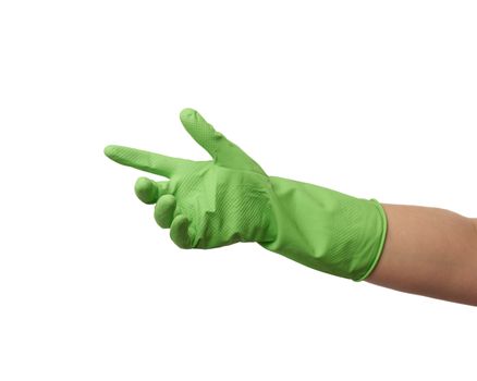 green rubber glove for cleaning is dressed on the hand, palm is open and conditionally holds the item