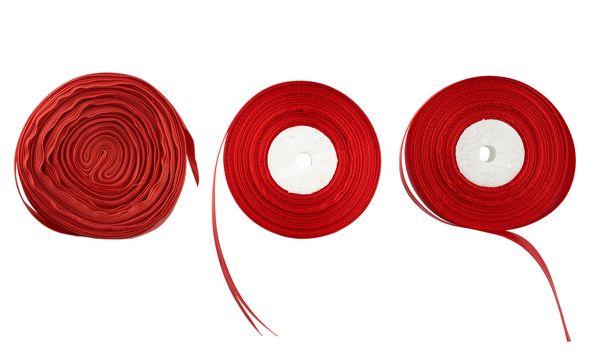 three coils with silk red ribbon isolated on white background, elements for designer