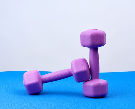 pair of purple plastic dumbbells on a blue neoprene mat, top view, training equipment