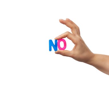 female hand holds two plastic letters with the word no, concept of denial, part of the body is isolated on a white background