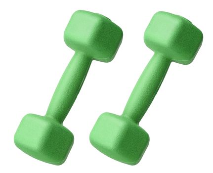 green plastic dumbbell for sports isolated on white background, close up. Weightlifting equipment. Fitness training. Healthy lifestyle