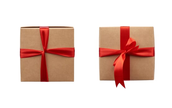 square box wrapped in brown kraft paper and tied with a silk red ribbon, box bottom and top view