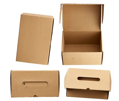 set of brown rectangular cardboard boxes for transporting goods isolated on white background