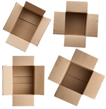 open empty brown rectangular and square cardboard boxes for transporting goods isolated on white background. Packaging design