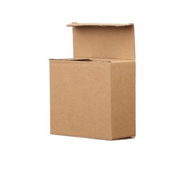 open brown square cardboard box for transporting goods isolated on white background. Packaging design