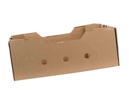 rectangular empty cardboard box of brown paper on a white background, box without a lid for vegetables and fruits in with holes