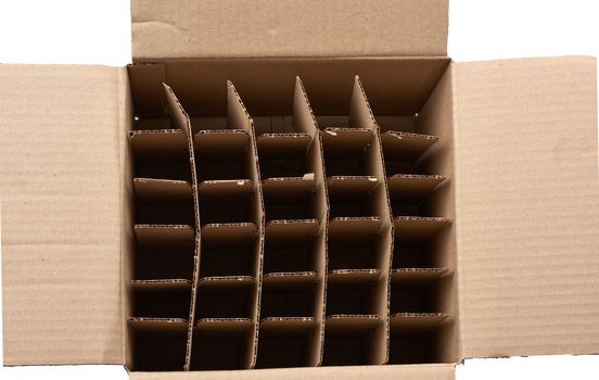 open empty cardboard box with partitions for transporting broken items of bottles and cans isolated on a white background
