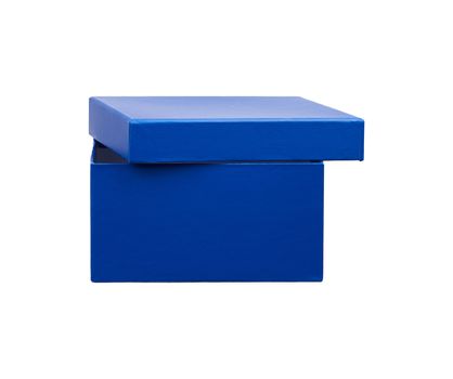 open blue cardboard square box, gift for the holiday is isolated on a white background