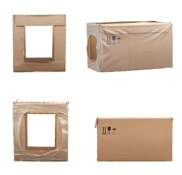 set of rectangular boxes made of brown cardboard isolated on a white background, box for transporting bottles, side view and from different angles