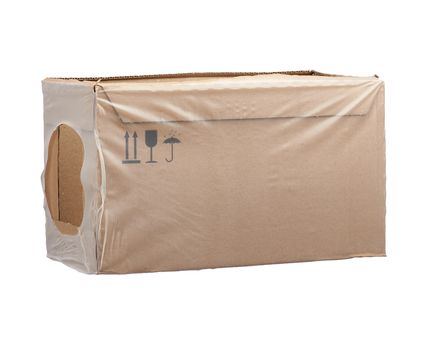 rectangular box wrapped in transparent polyethylene, box for transporting bottles, side view
