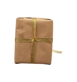 rectangular box wrapped in brown kraft paper and tied with a silk red ribbon, box bottom