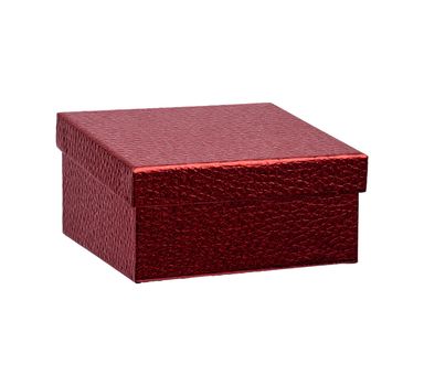 closed red cardboard square box, gift for the holiday is isolated on a white background