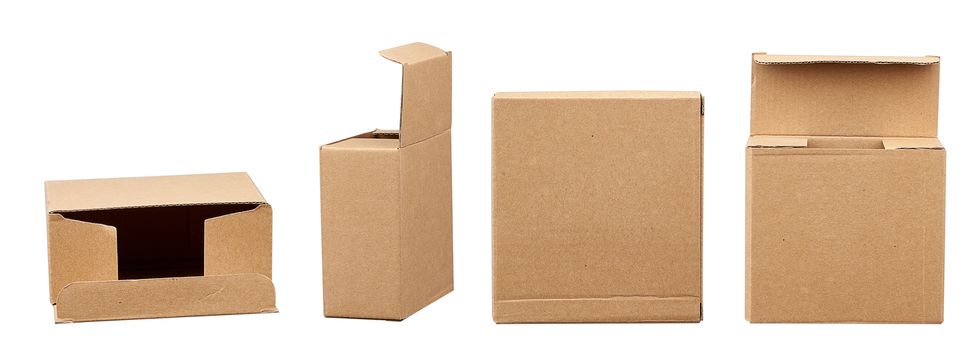 open and closed brown square cardboard boxes for transporting goods isolated on white background. Packaging design set