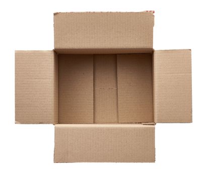 open empty brown square cardboard box for transporting goods isolated on white background, top view