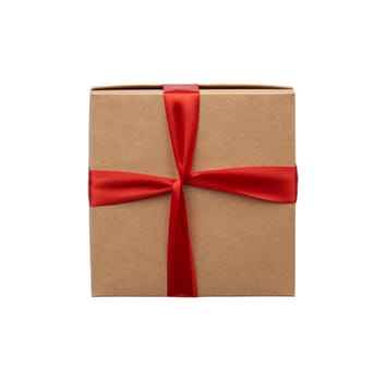 square box wrapped in brown kraft paper and tied with a silk red ribbon, box bottom