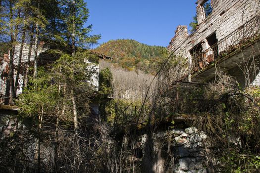 Ruin abandoned on the dolomites, an old abandone building from exterior