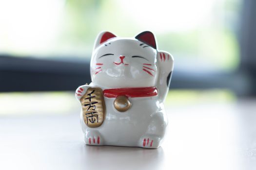 Maneki neko lucky cat show text on hand meaning rich on wood table background, select focus