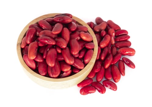 Red kidney beans in wood bowl isolated on white background, healthy food concept