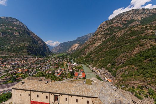 View from Forte Bard of the narrow gorge where the Dora Baltea flows, landscape of the Aosta Valley in Italy