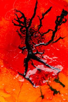 Image of blood-colored liquids mixed with other organic fluids, abstract chemical detail