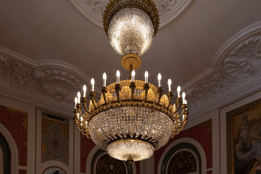 Interiors of royal halls in Christiansborg Palace in Copenhagen Denmark, detail of ancient crystal lapadary