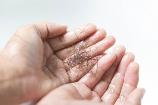 Closeup Hair loss on woman hand in the bathroom