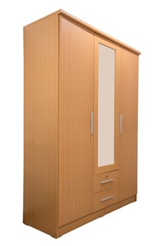Wooden wardrobe with mirror isolated on white background, work with clipping path.