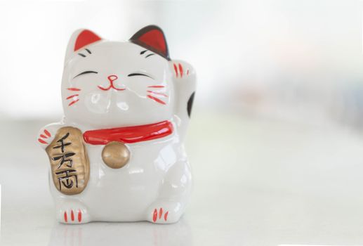 Maneki neko lucky cat show text on hand meaning rich on table, select focus