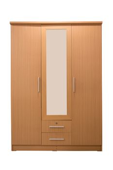 Wooden wardrobe with mirror isolated on white background, work with clipping path.