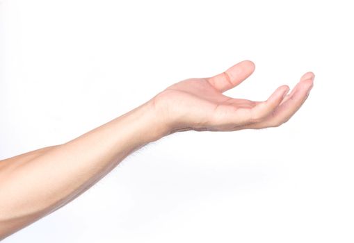 Man hands holding something on white background for product advertising concept