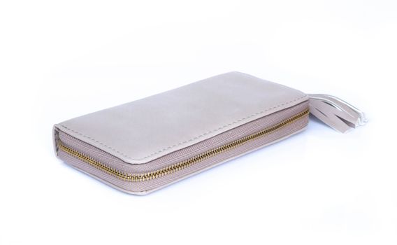 Closeup modern grey woman wallet fashion on white background