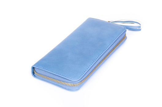 Closeup modern blue color woman wallet on white background